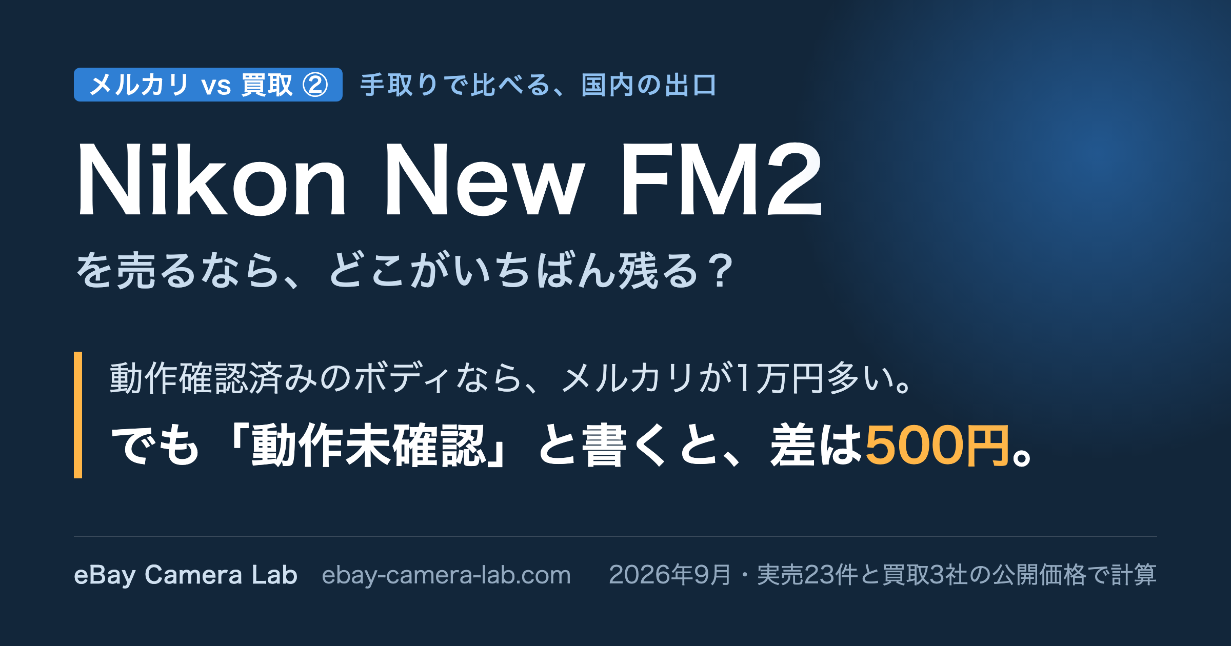 Nikon New FM2 メルカリvs買取 第2回。動作確認済みならメルカリが1万円多いが、動作未確認と書くと差は500円